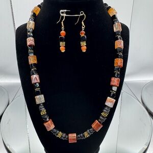 Sardonyx and Black Agate Beaded Necklace and Earring Set